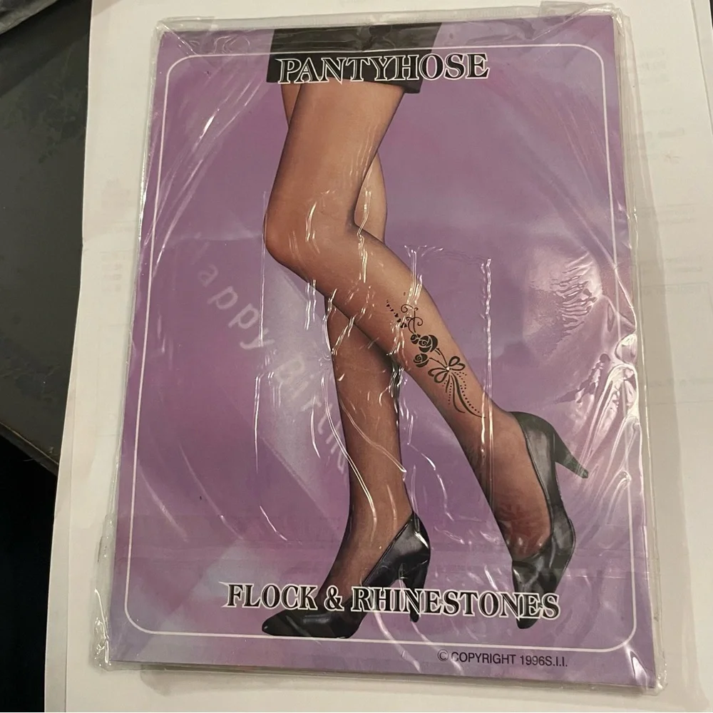 HiBaly Fashion Floral Rhinestone Pantyhose - Nude with Brown Design Vintage